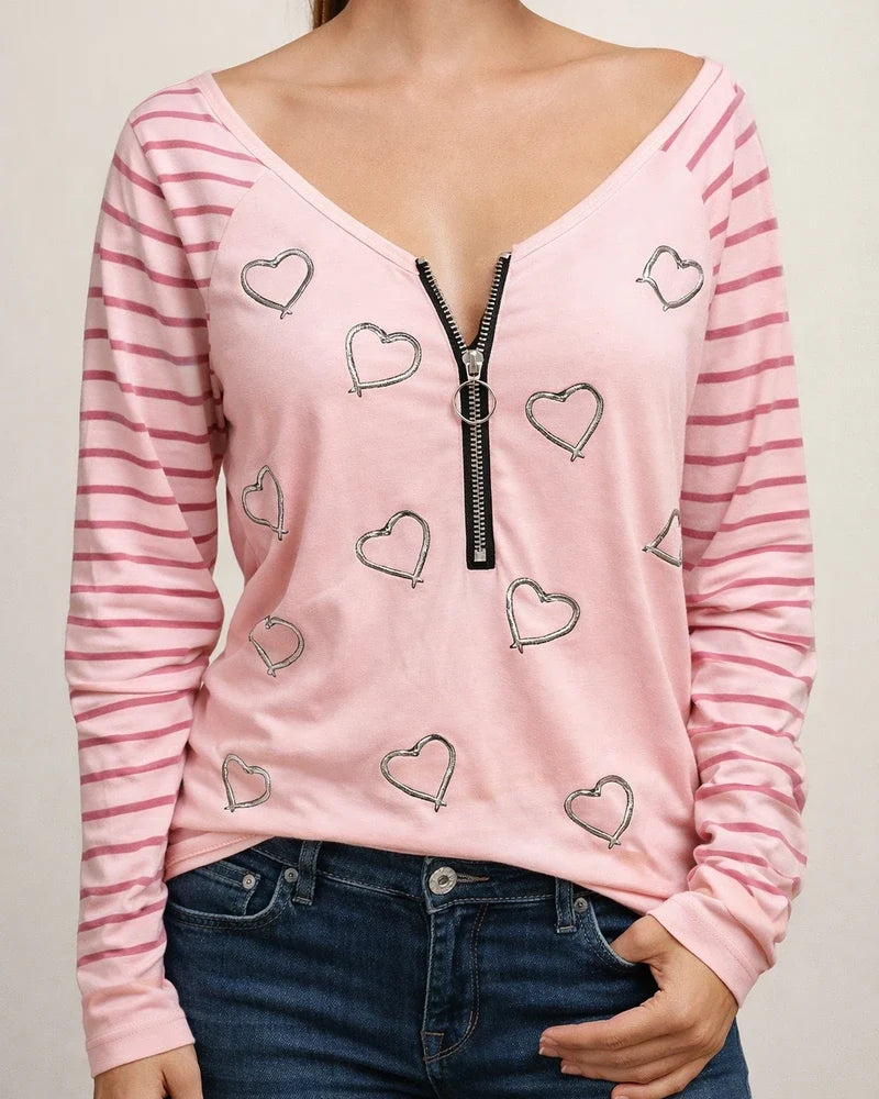 Women's T shirt Tee Pink White Black Heart Quarter Zip Print Long Sleeve Casual V Neck Regular Loose Fit | JRSEE:545493a5-c2a5-4521-99ff-d72507ce5557
