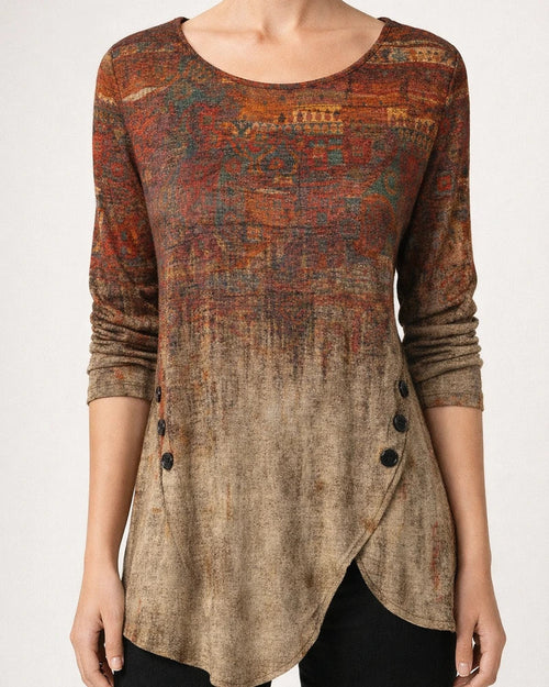Women's T shirt Tee Tunic Maroon Green Blue Graphic Print Long Sleeve Holiday Weekend Vintage Ethnic Round Neck Regular Painting | JRSEE:efdfdad7-8cd8-4067-b31a-46e93c983f6c