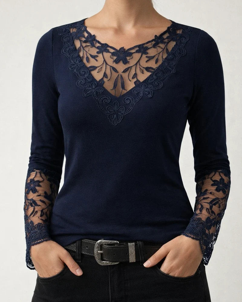 Women's T shirt Tee Wine Navy Blue Black Floral Lace Patchwork Long Sleeve Casual Weekend Basic Round Neck Regular Floral | JRSEE:f2f53132-4e98-4149-86ec-b72137f9e8b6