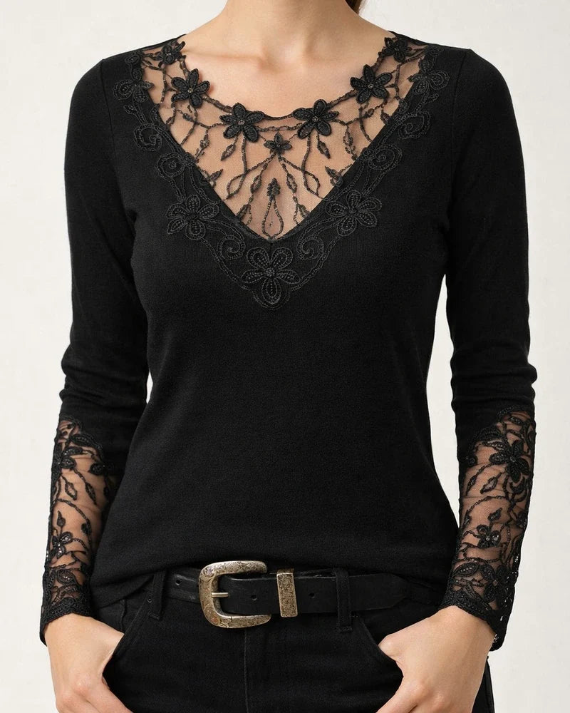 Women's T shirt Tee Wine Navy Blue Black Floral Lace Patchwork Long Sleeve Casual Weekend Basic Round Neck Regular Floral | JRSEE:4e454369-ca48-4b66-9309-772138dc18fa
