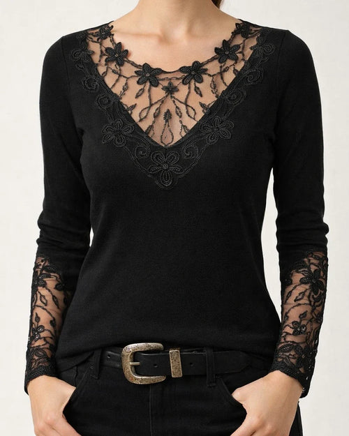 Women's T shirt Tee Wine Navy Blue Black Floral Lace Patchwork Long Sleeve Casual Weekend Basic Round Neck Regular Floral | JRSEE:4e454369-ca48-4b66-9309-772138dc18fa