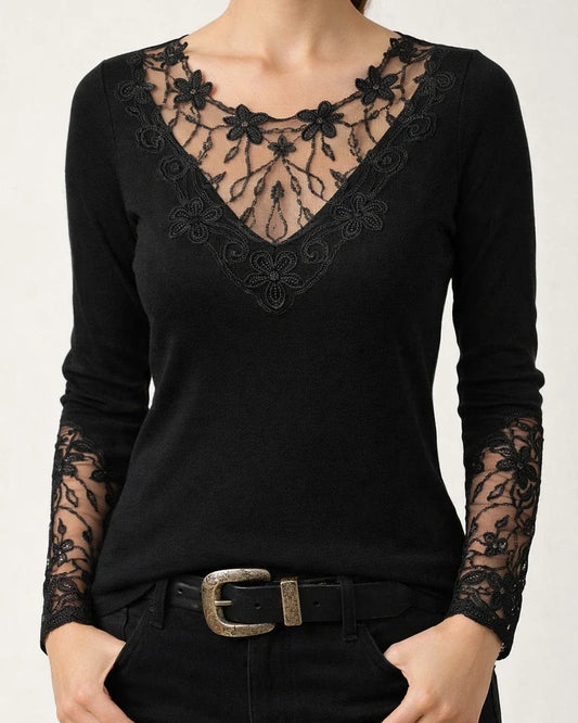 Women's T shirt Tee Wine Navy Blue Black Floral Lace Patchwork Long Sleeve Casual Weekend Basic Round Neck Regular Floral | JRSEE:4e454369-ca48-4b66-9309-772138dc18fa