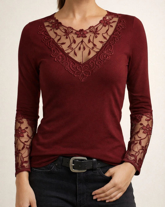 Women's T shirt Tee Wine Navy Blue Black Floral Lace Patchwork Long Sleeve Casual Weekend Basic Round Neck Regular Floral | JRSEE:0a39e833-d7c4-494a-89c8-fa4f9ceb105e
