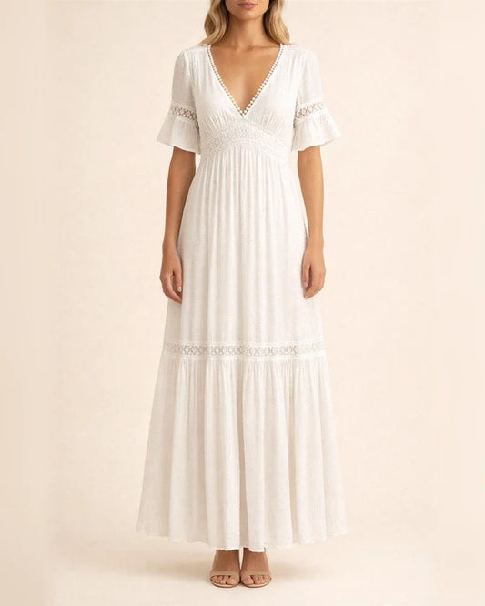 Women's Temperament Commuter Five Split Sleeve Short Sleeve Dress Women Solid Color Lace Lace V-Neck Long Dresses | JRSEE:ae4e28da-60b9-44ef-9f2a-bcccf9c80ab1