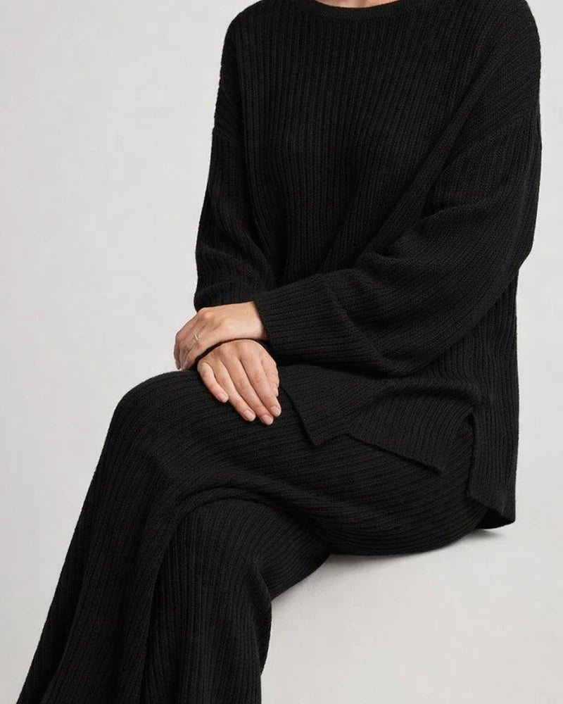 Women's Temperament Commuter Long-sleeved Pants Solid Color Knit Leisure Two-piece Knit Pullover Round Neck Sweater Set | JRSEE:65857acc-2605-43c9-be16-2e5db445c5ac