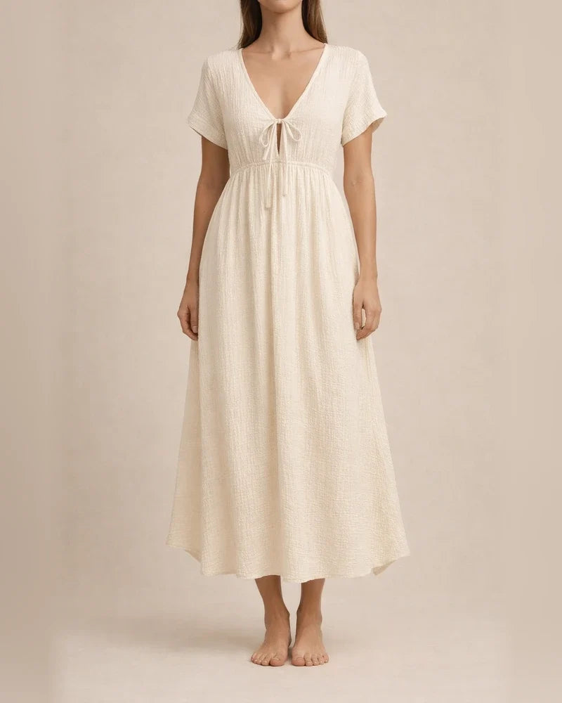 Women's Tie-Front Bohemian-Style V-neck Dress Solid Color A-line | JRSEE:bcee9722-ac6e-484b-8e04-2ed262e2428a | JRSEE:de5a8993-28f3-4436-87b1-c3743b7e6220