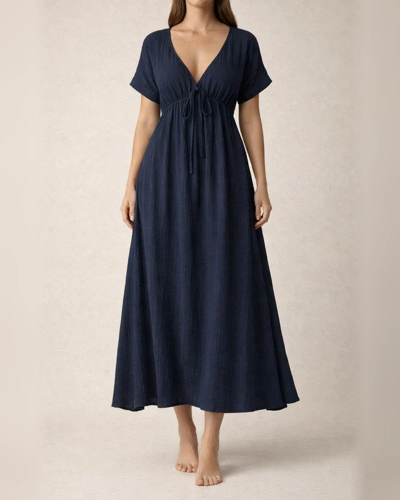 Women's Tie-Front Bohemian-Style V-neck Dress Solid Color A-line | JRSEE:b720494a-afec-4e84-87be-32c88a1af83e | JRSEE:32332203-db5f-4771-a51b-723922076991