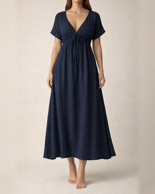 Women's Tie-Front Bohemian-Style V-neck Dress Solid Color A-line | JRSEE:b720494a-afec-4e84-87be-32c88a1af83e | JRSEE:32332203-db5f-4771-a51b-723922076991