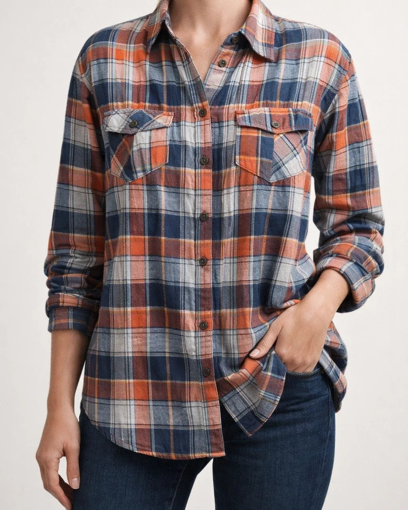 Women's Tops New Lapel Long-sleeved Pockets Casual European and American Plaid Shirt | JRSEE:e5f98206-baaf-4822-aa86-b3d2ac038f73
