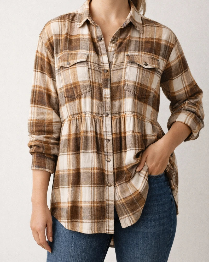 Women's Tops New Lapel Long-sleeved Pockets Casual European and American Plaid Shirt | JRSEE:b99e1df6-69e8-4452-983a-d24af458216f