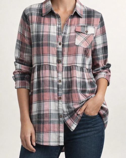 Women's Tops New Lapel Long-sleeved Pockets Casual European and American Plaid Shirt | JRSEE:1be34f52-ad19-443c-9951-96583c32ecbc