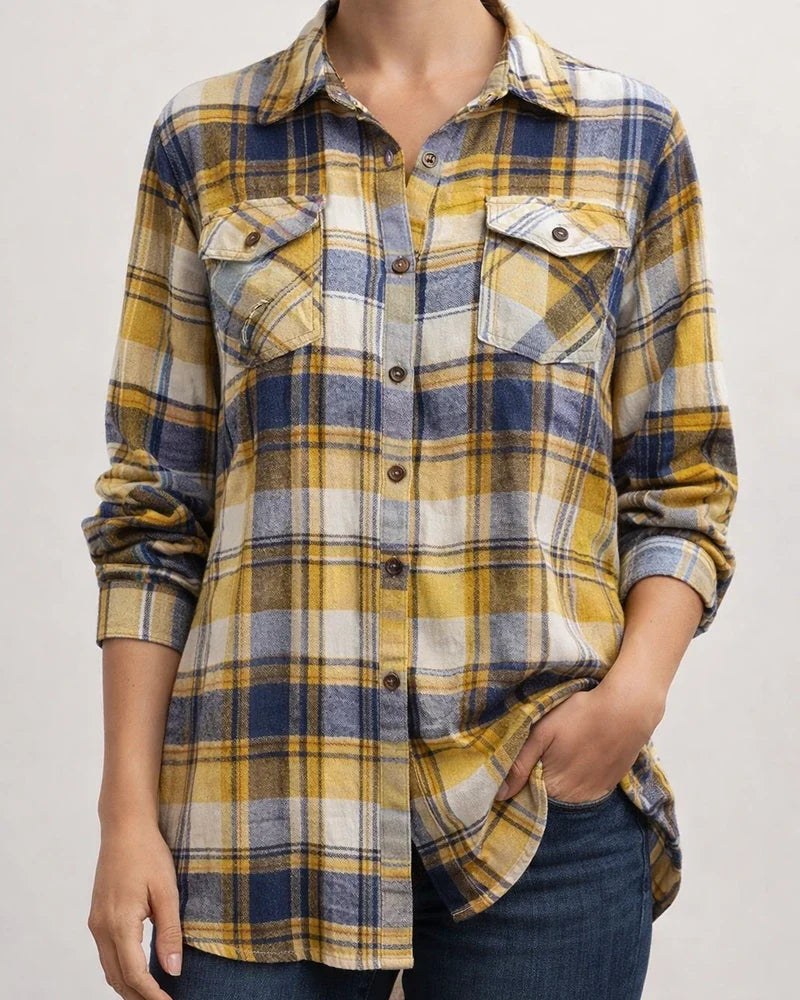 Women's Tops New Lapel Long-sleeved Pockets Casual European and American Plaid Shirt | JRSEE:c957d6ee-f275-4b08-9eef-ad149640ba3a