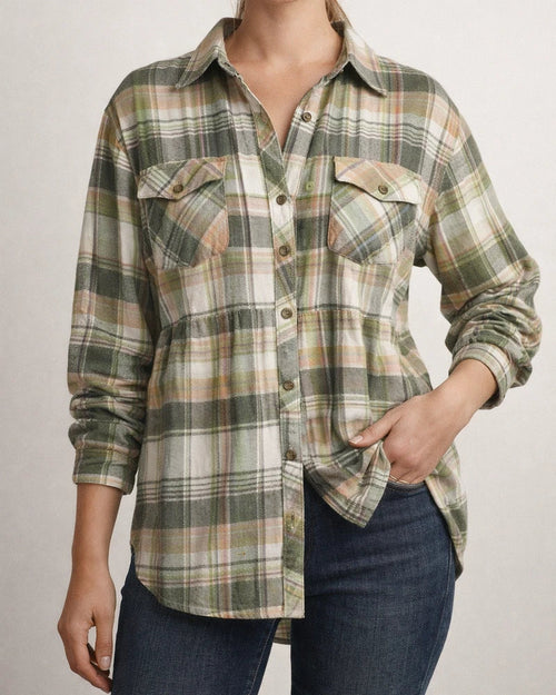 Women's Tops New Lapel Long-sleeved Pockets Casual European and American Plaid Shirt | JRSEE:f3ededdd-a553-4067-94cb-aa5754913bad