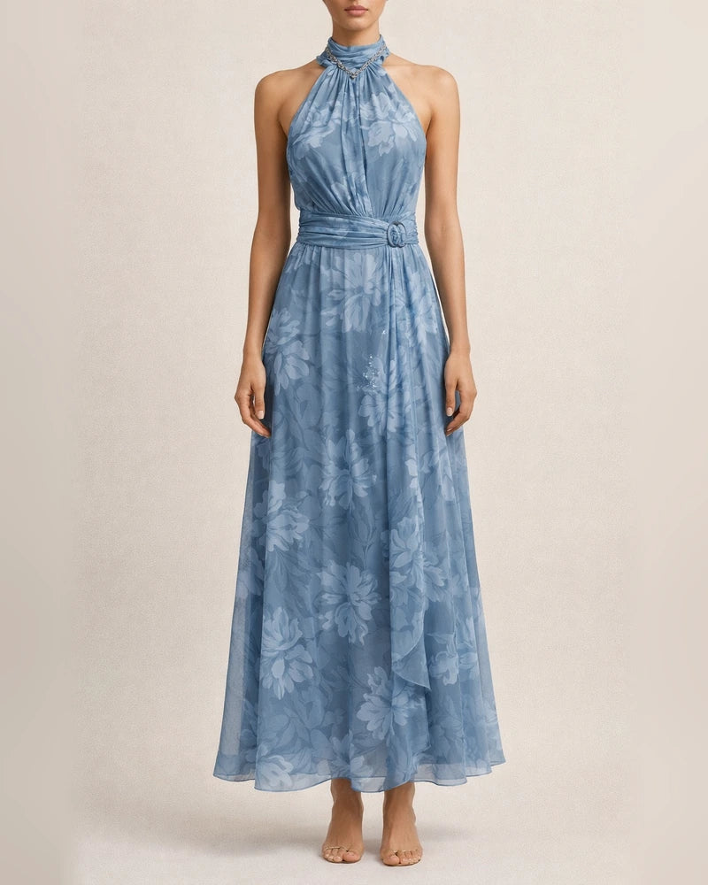 Women's Tulle Printed Asymmetrical Slit Pleated Halter Dress | JRSEE:cf5e02d8-6090-41d9-9458-3f2a4f31b22d