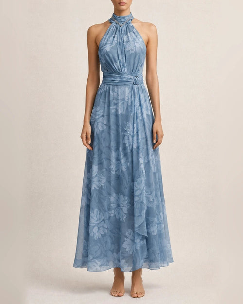 Women's Tulle Printed Asymmetrical Slit Pleated Halter Dress | JRSEE:cf5e02d8-6090-41d9-9458-3f2a4f31b22d