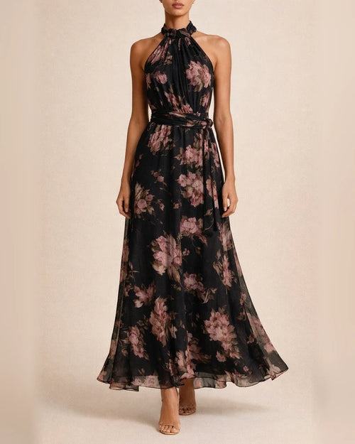Women's Tulle Printed Asymmetrical Slit Pleated Halter Dress | JRSEE:888b421a-44d5-4d69-9c0c-c21549a31e2d
