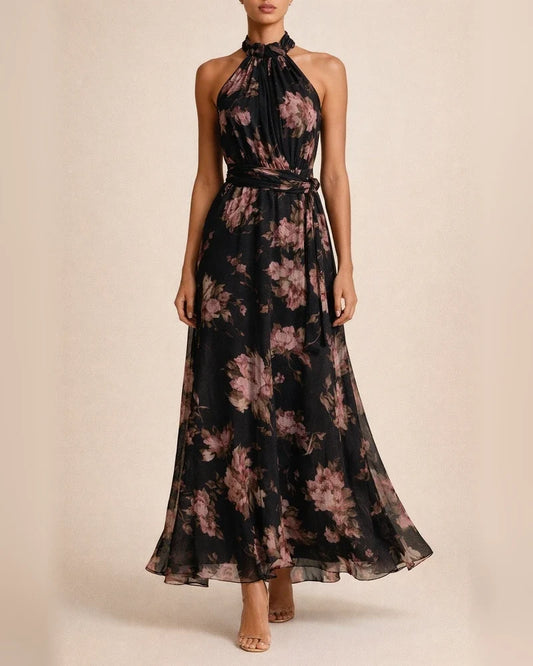 Women's Tulle Printed Asymmetrical Slit Pleated Halter Dress | JRSEE:888b421a-44d5-4d69-9c0c-c21549a31e2d