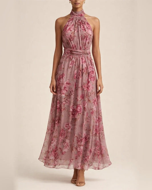Women's Tulle Printed Asymmetrical Slit Pleated Halter Dress | JRSEE:20de5fbb-89dd-408b-92fa-7ffdd11bba14