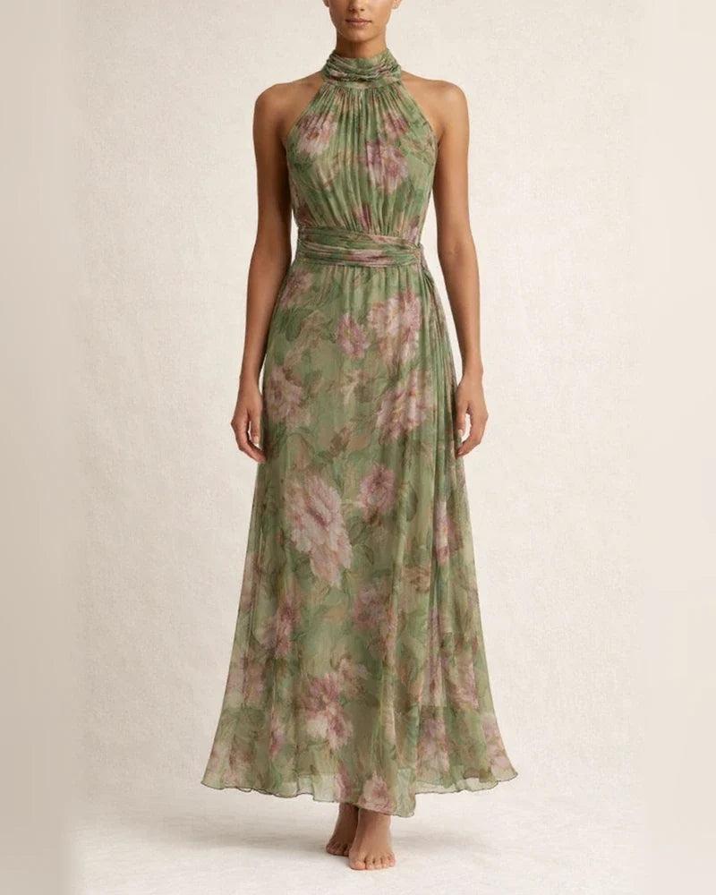 Women's Tulle Printed Asymmetrical Slit Pleated Halter Dress | JRSEE:ff3d3d56-a9d2-4880-acb6-5623047e35ff