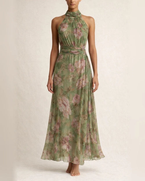 Women's Tulle Printed Asymmetrical Slit Pleated Halter Dress | JRSEE:ff3d3d56-a9d2-4880-acb6-5623047e35ff