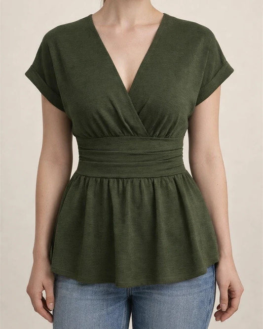 Women's V-neck Fitted Waist Solid Color Drop-Shoulder Flared Pleated T-Shirt | JRSEE:8cf4a106-634c-4562-82d9-eb71d4a8a1c3