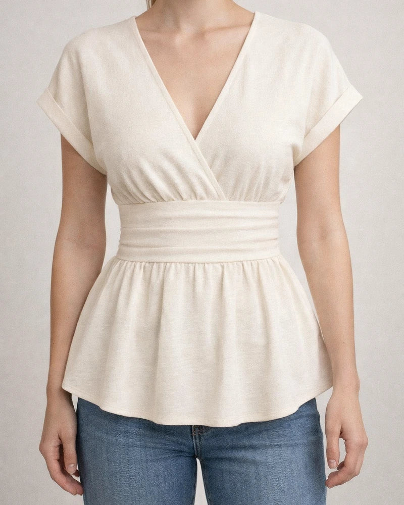 Women's V-neck Fitted Waist Solid Color Drop-Shoulder Flared Pleated T-Shirt | JRSEE:fae0e526-86f3-432c-a424-eb9b1ed5f6e0