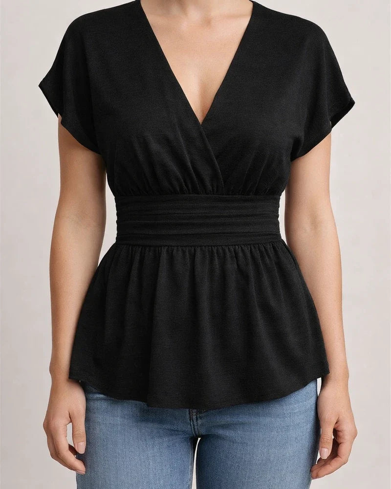 Women's V-neck Fitted Waist Solid Color Drop-Shoulder Flared Pleated T-Shirt | JRSEE:ad3e2106-7e64-4aa0-98b9-290c3a3d45c2