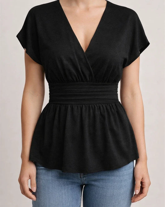 Women's V-neck Fitted Waist Solid Color Drop-Shoulder Flared Pleated T-Shirt | JRSEE:ad3e2106-7e64-4aa0-98b9-290c3a3d45c2
