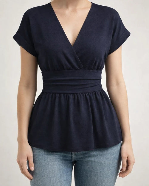 Women's V-neck Fitted Waist Solid Color Drop-Shoulder Flared Pleated T-Shirt | JRSEE:46de4d5b-f498-4889-8ab9-336bba3f254f