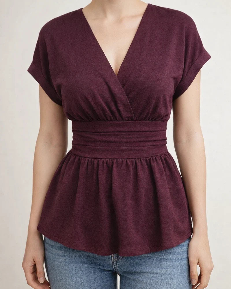 Women's V-neck Fitted Waist Solid Color Drop-Shoulder Flared Pleated T-Shirt | JRSEE:c525cfb0-a2ef-413b-a6b1-64775e8ff73f