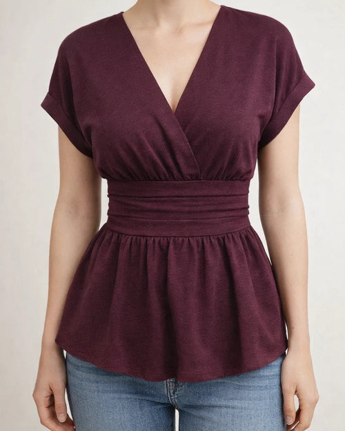 Women's V-neck Fitted Waist Solid Color Drop-Shoulder Flared Pleated T-Shirt | JRSEE:c525cfb0-a2ef-413b-a6b1-64775e8ff73f