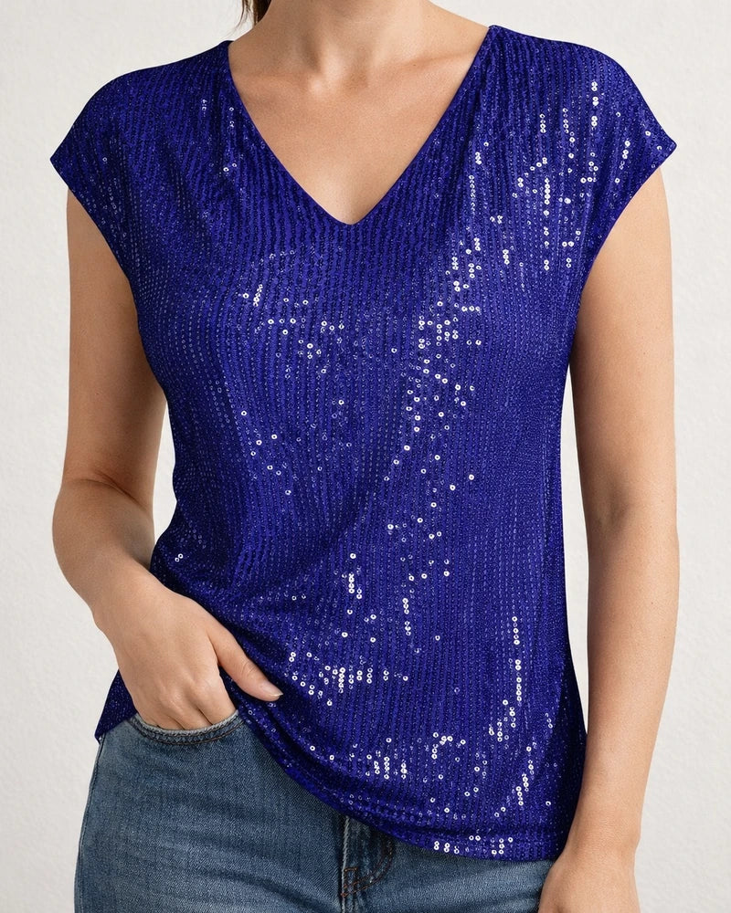 Women's V-neck Sequin Short Sleeve Glitter Undershirt Short Sleeve Shirt | JRSEE:9a599bf6-f542-48d5-9869-6b2abff19748