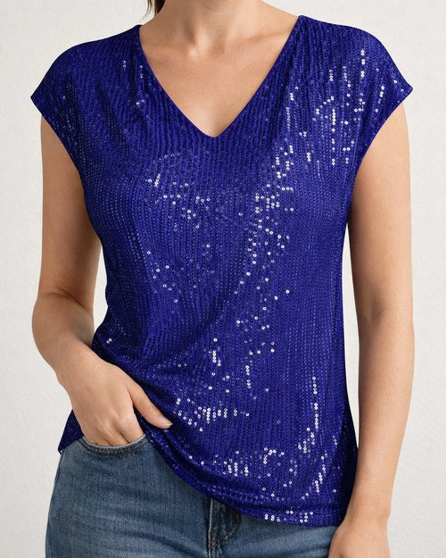 Women's V-neck Sequin Short Sleeve Glitter Undershirt Short Sleeve Shirt | JRSEE:9a599bf6-f542-48d5-9869-6b2abff19748