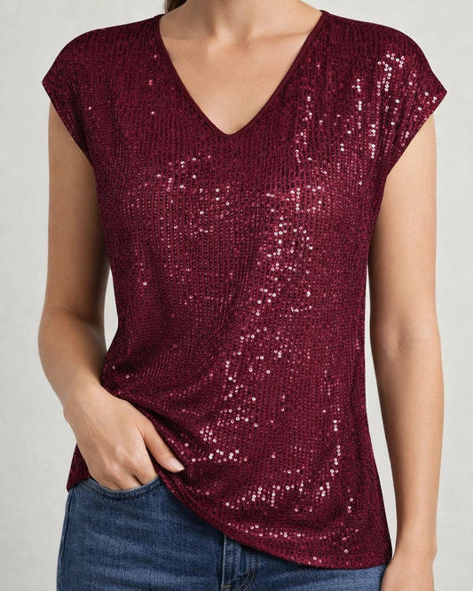 Women's V-neck Sequin Short Sleeve Glitter Undershirt Short Sleeve Shirt | JRSEE:518064c9-b84f-4272-aa40-f2e6618c767a