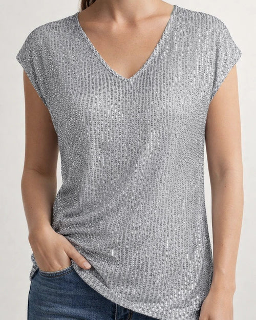 Women's V-neck Sequin Short Sleeve Glitter Undershirt Short Sleeve Shirt | JRSEE:bd88e231-e54d-4256-b434-1f8bd0e8a7b2