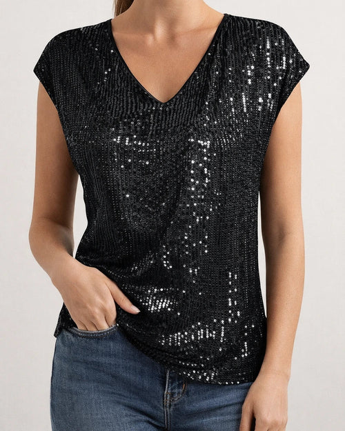 Women's V-neck Sequin Short Sleeve Glitter Undershirt Short Sleeve Shirt | JRSEE:a185651c-3317-4323-a3c6-af40b65d58ad