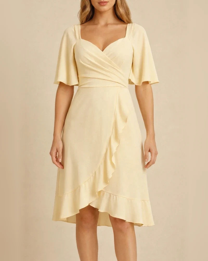 Women's V-neck Solid Color Waist Ruffle Summer Dresses Women | JRSEE:382d3991-4d1c-45df-a8fb-9d6ea7e9412d