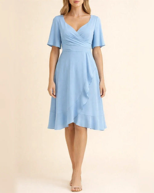 Women's V-neck Solid Color Waist Ruffle Summer Dresses Women | JRSEE:a688eaed-b9fa-4918-af21-d65671728b2e
