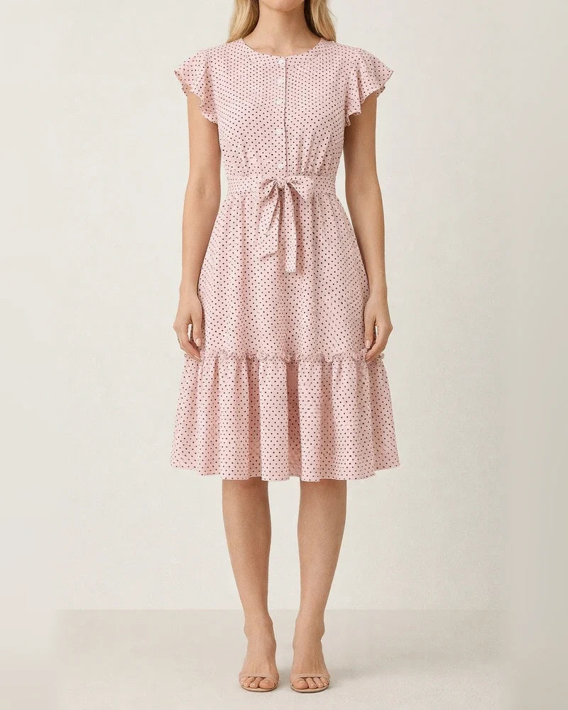 Women's Vacation-Style Polka Dot Dress Summer Ruffled Short Sleeve Tie-Waist A-line Dress | JRSEE:69bbb237-a49c-4cda-90e3-52f218f162d2