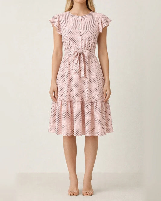 Women's Vacation-Style Polka Dot Dress Summer Ruffled Short Sleeve Tie-Waist A-line Dress | JRSEE:69bbb237-a49c-4cda-90e3-52f218f162d2