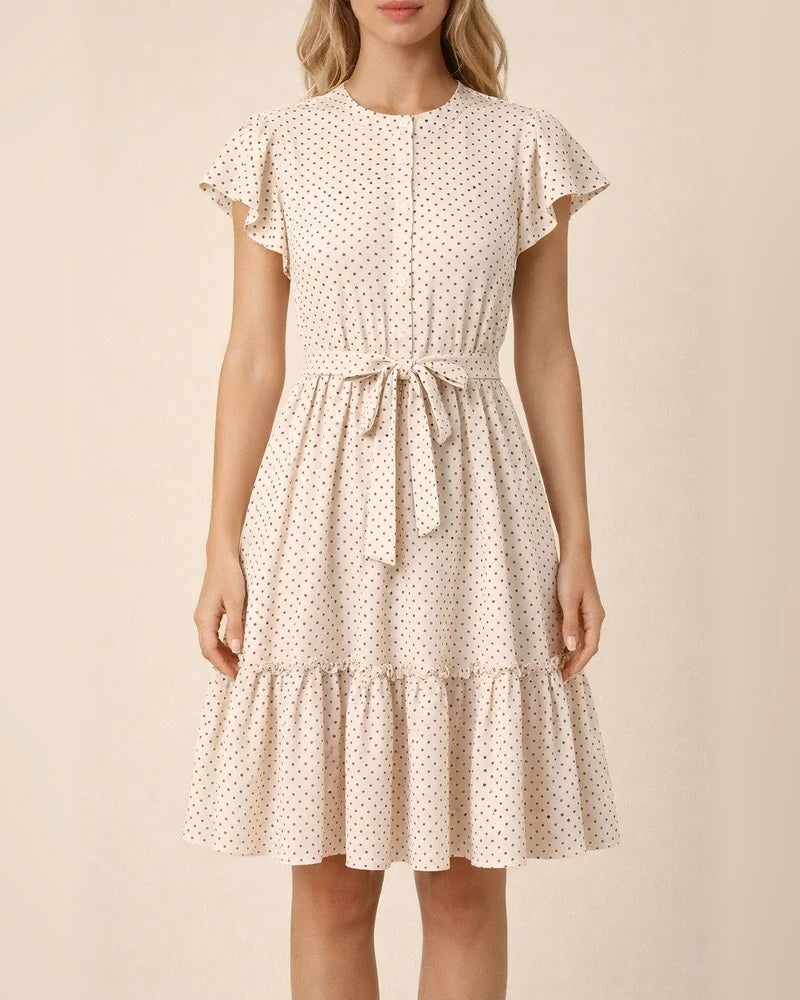 Women's Vacation-Style Polka Dot Dress Summer Ruffled Short Sleeve Tie-Waist A-line Dress | JRSEE:e674327c-d6cc-4a8e-8009-f42c342ac116