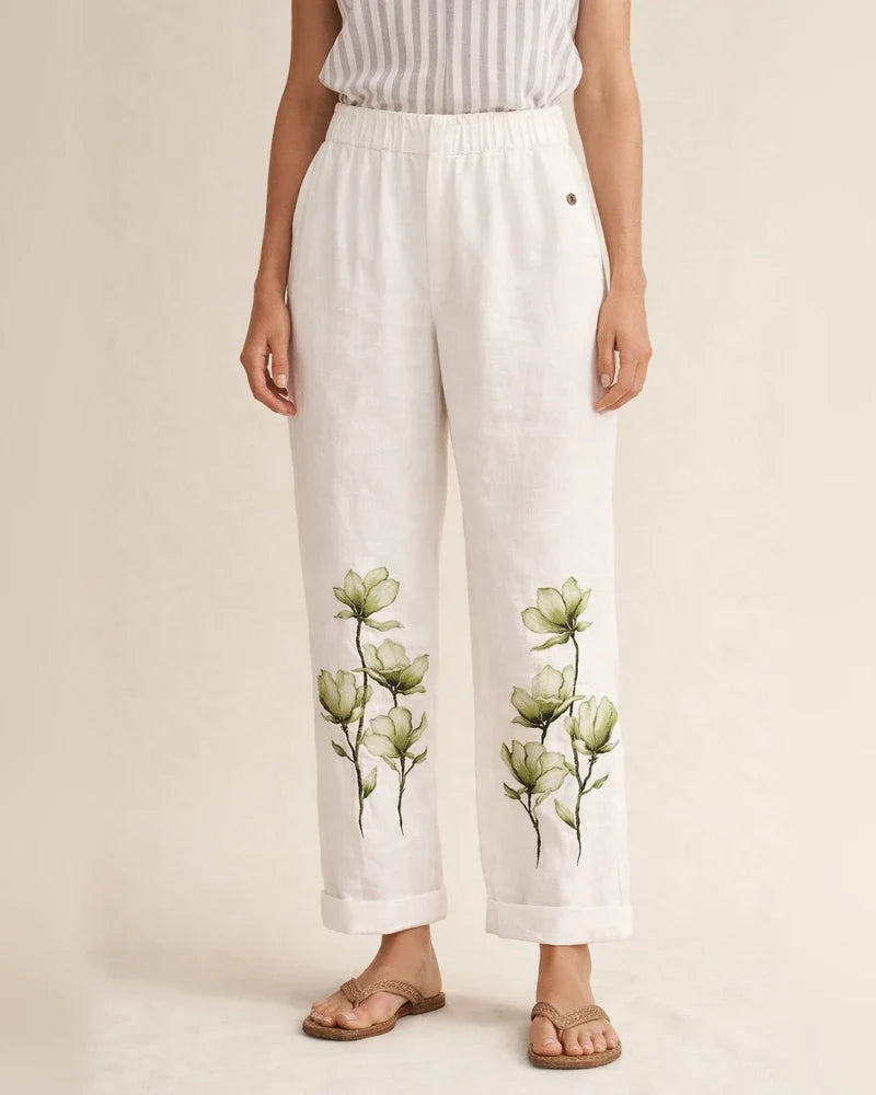 Women's Wide Leg Pants Trousers Cotton And Linen Light Blue White Yellow Casual Casual Daily Wear Baggy Full Length Breathability Flower S M L XL 2XL | JRSEE:94ce61b5-32a8-4c47-8eda-c6a47fc66c8b